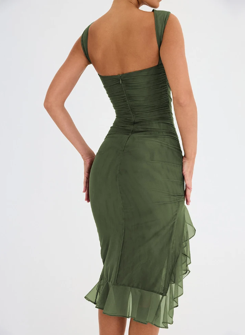 Elegant Ruffles Ruched Midi Dress