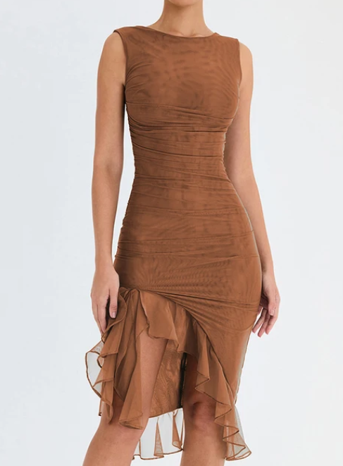 Elegant Ruffles Ruched Midi Dress
