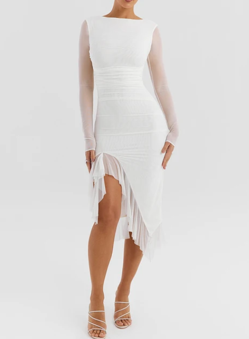 Elegant Ruffles Ruched Midi Dress