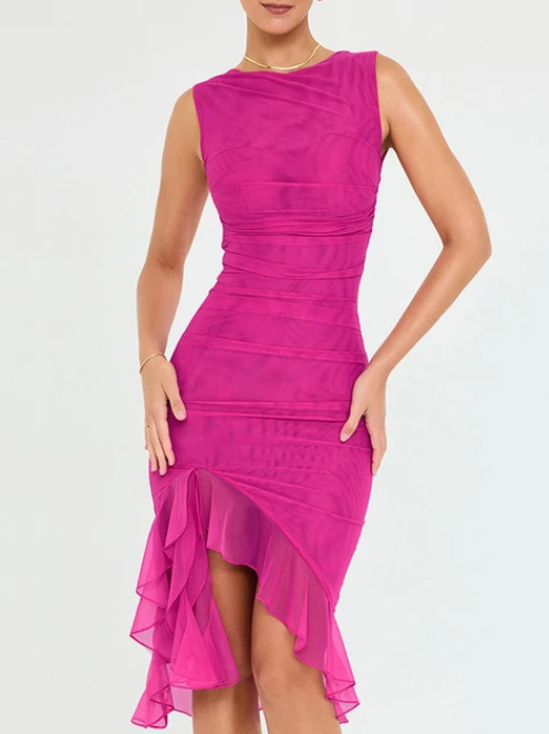Elegant Ruffles Ruched Midi Dress