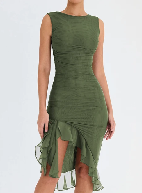 Elegant Ruffles Ruched Midi Dress