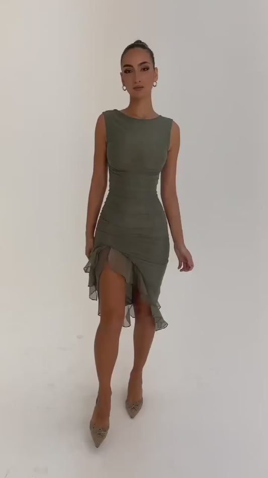 Elegant Ruffles Ruched Midi Dress